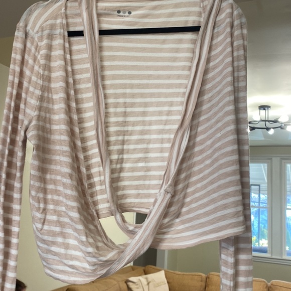 Three Dots Cream and White Stripped Cross Tie Wrap Long Sleeves Top - Picture 6 of 6